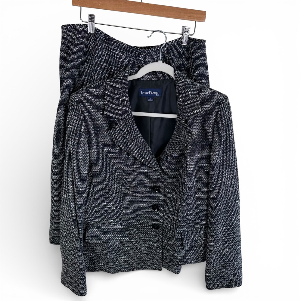 Evan-Picone Suit Womens 16 Black White Tweed Blazer Skirt Set Business Career